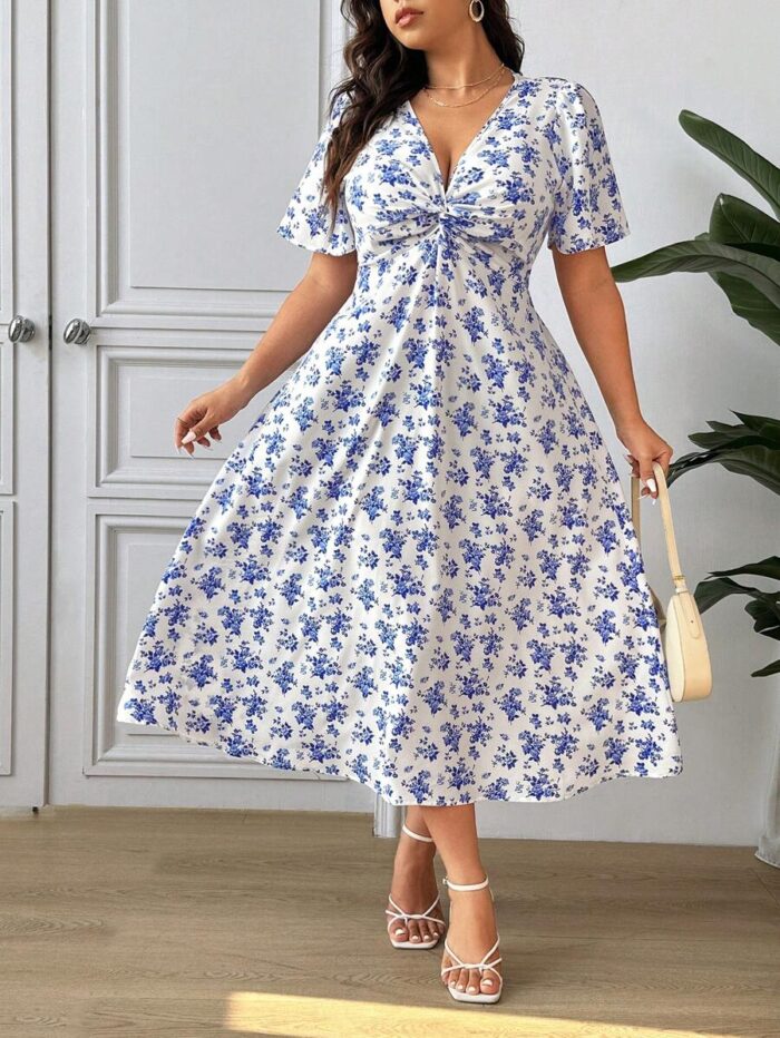 SHEIN GRANDE TAILLE (52/54) – Robe d'été bohème à fleurs avec nœud twisté et manches courtes E187 https://sheinstyle.store original Algerie DZ