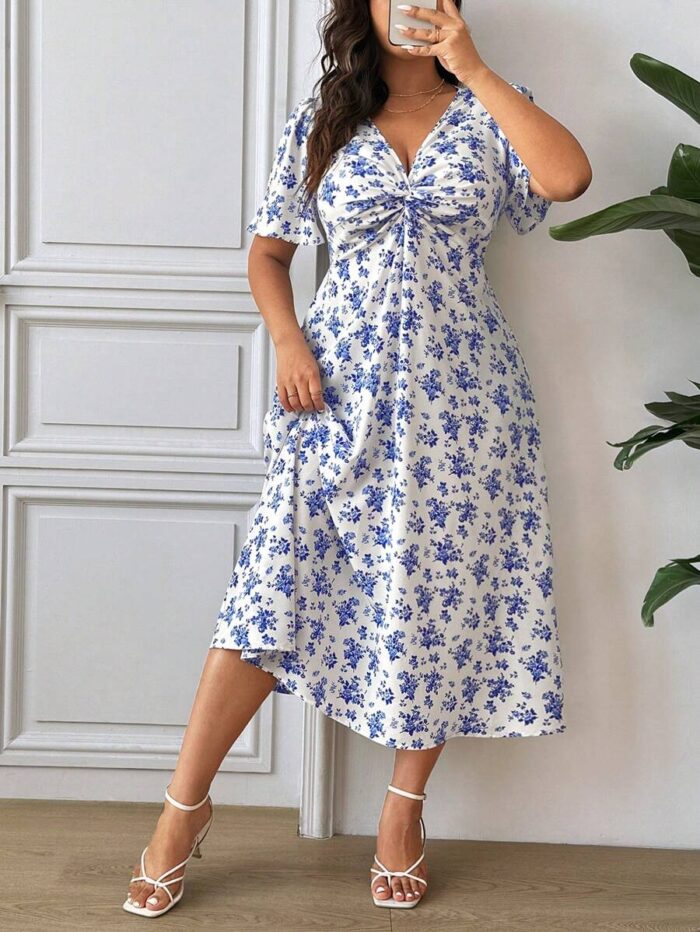 SHEIN GRANDE TAILLE (52/54) – Robe d'été bohème à fleurs avec nœud twisté et manches courtes E187 https://sheinstyle.store original Algerie DZ