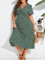SHEIN GRANDE TAILLE (44/46/48/50/52/54) – Robe longue d'été verte à fleurs, col en V et manches courtes – Idéale pour les grandes tailles, parfaite pour les occasions et les vacances e191 https://sheinstyle.store original Algerie DZ