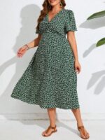 SHEIN GRANDE TAILLE (44/46/48/50/52/54) – Robe longue d'été verte à fleurs, col en V et manches courtes – Idéale pour les grandes tailles, parfaite pour les occasions et les vacances e191 https://sheinstyle.store original Algerie DZ