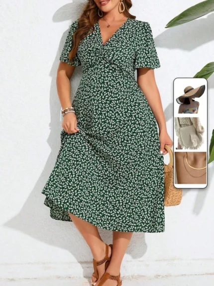 SHEIN GRANDE TAILLE (44/46/48/50/52/54) – Robe longue d'été verte à fleurs, col en V et manches courtes – Idéale pour les grandes tailles, parfaite pour les occasions et les vacances e191 https://sheinstyle.store original Algerie DZ