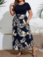 SHEIN GRANDE TAILLE (44/46/48/50/52/54) Robe bohème à imprimé feuillage et détails patchwork col rond E201 https://sheinstyle.store original Algerie DZ