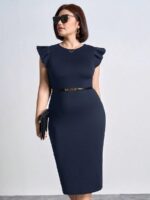 SHEIN GRANDE TAILLE (46/48/50/52/54) Robe élégante manches plissées col rond grande taille E196 https://sheinstyle.store original Algerie DZ