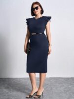 SHEIN GRANDE TAILLE (46/48/50/52/54) Robe élégante manches plissées col rond grande taille E196 https://sheinstyle.store original Algerie DZ