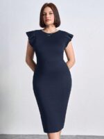 SHEIN GRANDE TAILLE (46/48/50/52/54) Robe élégante manches plissées col rond grande taille E196 https://sheinstyle.store original Algerie DZ