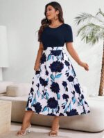 SHEIN GRANDE TAILLE (44/46/48/50/52/54) – Robe longue d’été à imprimé fleuri, col rond et manches courtes e202 https://sheinstyle.store original Algerie DZ