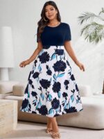 SHEIN GRANDE TAILLE (44/46/48/50/52/54) – Robe longue d’été à imprimé fleuri, col rond et manches courtes e202 https://sheinstyle.store original Algerie DZ
