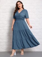 SHEIN GRANDE TAILLE (50/52/54) – Robe longue unie col V manches courtes plissée E200 https://sheinstyle.store original Algerie DZ