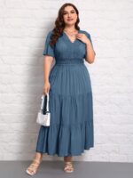 SHEIN GRANDE TAILLE (50/52/54) – Robe longue unie col V manches courtes plissée E200 https://sheinstyle.store original Algerie DZ