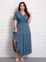 SHEIN GRANDE TAILLE (50/52/54) – Robe longue unie col V manches courtes plissée E200 https://sheinstyle.store original Algerie DZ