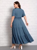 SHEIN GRANDE TAILLE (50/52/54) – Robe longue unie col V manches courtes plissée E200 https://sheinstyle.store original Algerie DZ