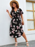 SHEIN GRANDE TAILLE (44/46/48/50/52/54) Robe maxi élégante grande taille à col en V avec imprimé floral V92 https://sheinstyle.store original Algerie DZ