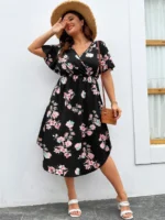 SHEIN GRANDE TAILLE (44/46/48/50/52/54) Robe maxi élégante grande taille à col en V avec imprimé floral V92 https://sheinstyle.store original Algerie DZ