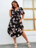 SHEIN GRANDE TAILLE (44/46/48/50/52/54) Robe maxi élégante grande taille à col en V avec imprimé floral V92 https://sheinstyle.store original Algerie DZ