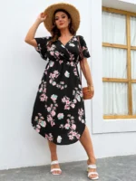 SHEIN GRANDE TAILLE (44/46/48/50/52/54) Robe maxi élégante grande taille à col en V avec imprimé floral V92 https://sheinstyle.store original Algerie DZ