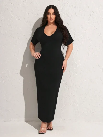 SHEIN GRANDE TAILLE (48/50/52) Robe unie grande taille à manches courtes E204 https://sheinstyle.store original Algerie DZ