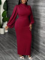 SHEIN GRANDE TAILLE (48/50/52/54) -Robe maxi moulante – rouge, manches lanternes, col montant, grande taille E153 https://sheinstyle.store original Algerie DZ