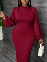 SHEIN GRANDE TAILLE (48/50/52/54) -Robe maxi moulante – rouge, manches lanternes, col montant, grande taille E153 https://sheinstyle.store original Algerie DZ