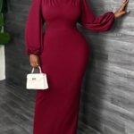 SHEIN GRANDE TAILLE (48/50/52/54) -Robe maxi moulante – rouge, manches lanternes, col montant, grande taille E153 https://sheinstyle.store original Algerie DZ