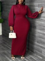 SHEIN GRANDE TAILLE (48/50/52/54) -Robe maxi moulante – rouge, manches lanternes, col montant, grande taille E153 https://sheinstyle.store original Algerie DZ