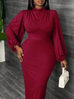 SHEIN GRANDE TAILLE (48/50/52/54) -Robe maxi moulante – rouge, manches lanternes, col montant, grande taille E153 https://sheinstyle.store original Algerie DZ