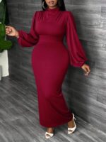 SHEIN GRANDE TAILLE (48/50/52/54) -Robe maxi moulante – rouge, manches lanternes, col montant, grande taille E153 https://sheinstyle.store original Algerie DZ