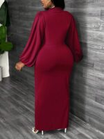 SHEIN GRANDE TAILLE (48/50/52/54) -Robe maxi moulante – rouge, manches lanternes, col montant, grande taille E153 https://sheinstyle.store original Algerie DZ