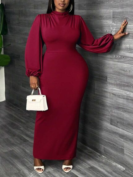 SHEIN GRANDE TAILLE (48/50/52/54) -Robe maxi moulante – rouge, manches lanternes, col montant, grande taille E153 https://sheinstyle.store original Algerie DZ