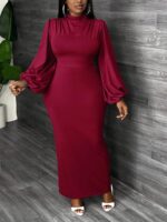 SHEIN GRANDE TAILLE (48/50/52/54) -Robe maxi moulante – rouge, manches lanternes, col montant, grande taille E153 https://sheinstyle.store original Algerie DZ