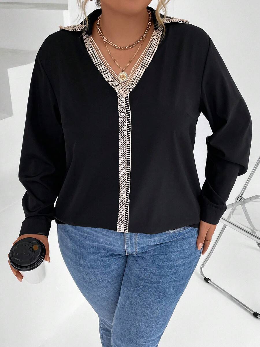 SHEIN GRANDE TAILLE (50/52/54) Blouse élégante en dentelle bicolore E84 https://sheinstyle.store original Algerie DZ