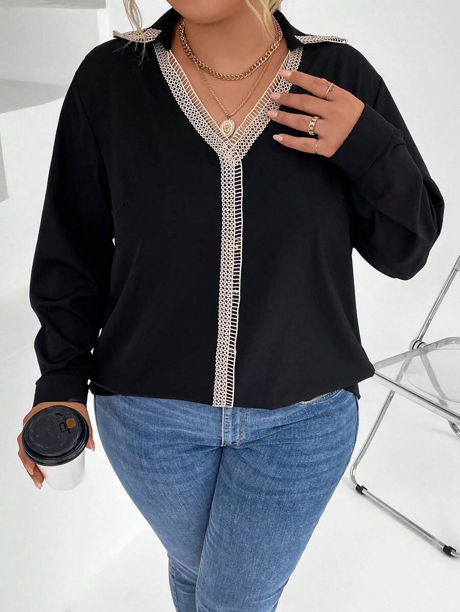 SHEIN GRANDE TAILLE (50/52/54) Blouse élégante en dentelle bicolore E84 https://sheinstyle.store original Algerie DZ