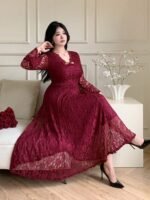 SHEIN GRANDE TAILLE (44/46/48/50/52/54) Robe élégante manches longues esprit dentelle, taille marquée, coupe évasée estivale E205 https://sheinstyle.store original Algerie DZ