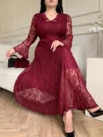 SHEIN GRANDE TAILLE (44/46/48/50/52/54) Robe élégante manches longues esprit dentelle, taille marquée, coupe évasée estivale E205 https://sheinstyle.store original Algerie DZ