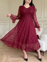 SHEIN GRANDE TAILLE (44/46/48/50/52/54) Robe élégante manches longues esprit dentelle, taille marquée, coupe évasée estivale E205 https://sheinstyle.store original Algerie DZ