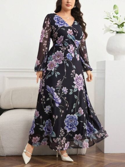 SHEIN GRANDE TAILLE (44/46/48/50/52/54) Robe élégante imprimée à fleurs avec manches lanterne E245 https://sheinstyle.store original Algerie DZ