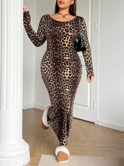 SHEIN GRANDE TAILLE (44/46/48/50/52/54) Robe grande taille imprimé léopard col rond manches longues E250 https://sheinstyle.store original Algerie DZ