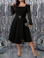 SHEIN GRANDE TAILLE (44/46/48/50/52/54) Robe de fête longue ornée de dentelle avec bande à la taille E234 https://sheinstyle.store original Algerie DZ