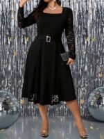 SHEIN GRANDE TAILLE (44/46/48/50/52/54) Robe de fête longue ornée de dentelle avec bande à la taille E234 https://sheinstyle.store original Algerie DZ