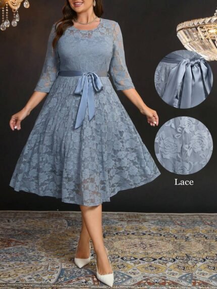 SHEIN GRANDE TAILLE (44/46/48/50/52/54) Robe élégante à encolure ornée de dentelle avec ruban à la taille e243 https://sheinstyle.store original Algerie DZ