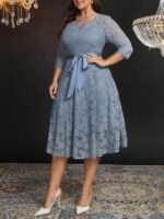 SHEIN GRANDE TAILLE (44/46/48/50/52/54) Robe élégante à encolure ornée de dentelle avec ruban à la taille e243 https://sheinstyle.store original Algerie DZ