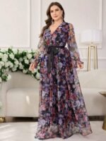 SHEIN GRANDE TAILLE (44/46/48/50/52/54) Robe élégante et moderne à col croisé, manches lanternes et imprimé graphique E248 https://sheinstyle.store original Algerie DZ