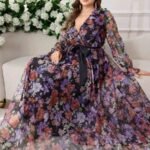 SHEIN GRANDE TAILLE (44/46/48/50/52/54) Robe élégante et moderne à col croisé, manches lanternes et imprimé graphique E248 https://sheinstyle.store original Algerie DZ