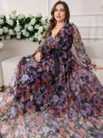 SHEIN GRANDE TAILLE (44/46/48/50/52/54) Robe élégante et moderne à col croisé, manches lanternes et imprimé graphique E248 https://sheinstyle.store original Algerie DZ