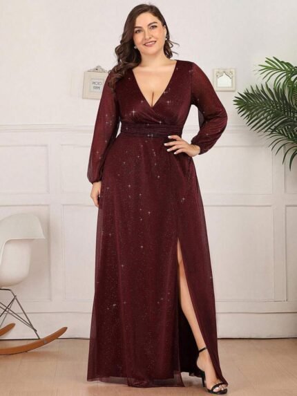 SHEIN GRANDE TAILLE (46/48) Robe élégante à col V profond, manches bouffantes et fente E263 https://sheinstyle.store original Algerie DZ