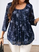 SHEIN GRANDE TAILLE (44/46/48/50/52/54) Chemise fleurie bleu marine à manches 3/4 E334 https://sheinstyle.store original Algerie DZ