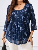 SHEIN GRANDE TAILLE (44/46/48/50/52/54) Chemise fleurie bleu marine à manches 3/4 E334 https://sheinstyle.store original Algerie DZ