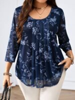 SHEIN GRANDE TAILLE (44/46/48/50/52/54) Chemise fleurie bleu marine à manches 3/4 E334 https://sheinstyle.store original Algerie DZ