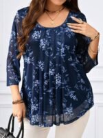 SHEIN GRANDE TAILLE (44/46/48/50/52/54) Chemise fleurie bleu marine à manches 3/4 E334 https://sheinstyle.store original Algerie DZ