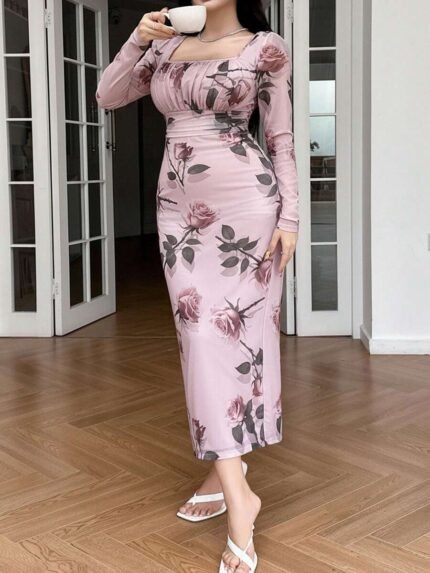 SHEIN GRANDE TAILLE (44/46/48/50/52/54) Robe élégante fleurie à manches longues E333 https://sheinstyle.store original Algerie DZ