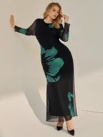 SHEIN GRANDE TAILLE (44/46/48/50/52/54) Robe maxi élégante à manches longues col bateau imprimé dégradé E327 https://sheinstyle.store original Algerie DZ